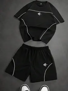 Men's Letter Print T-Shirt & Drawstring Shorts Set - Casual Summer Wear