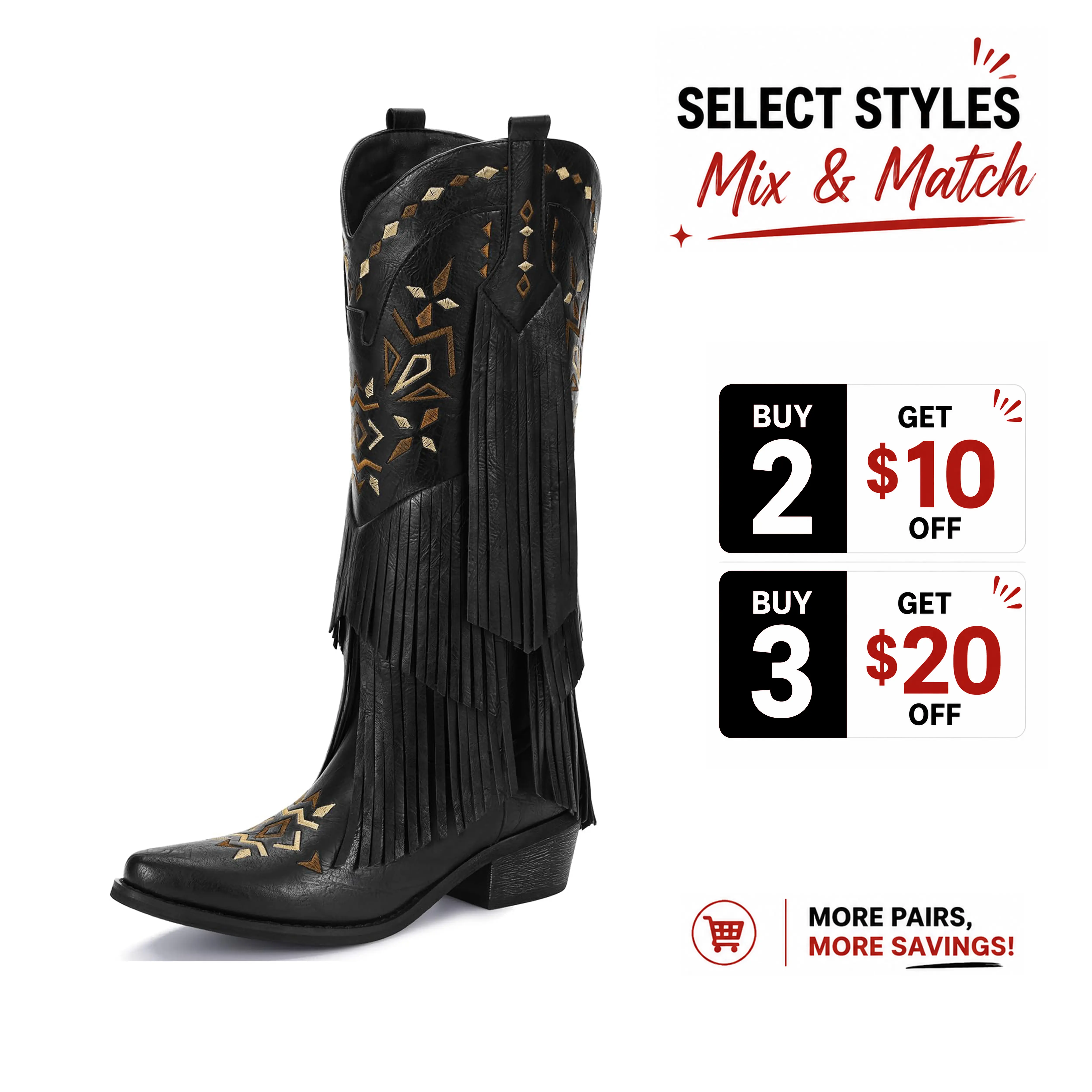Women's Leather & Faux Leather Knee-High Boots - Handmade Embroidered, Fringe, Pointed Toe, Chunky Heel, Pull-On, Stitched Sole Retro Style for Cowboy Aesthetic, Wild West, Urban Cowboy Party