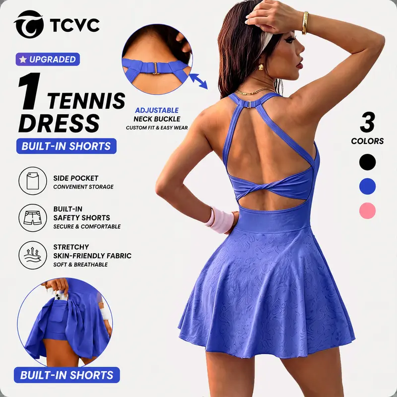 TCVC Women Adjustable Neck Buckle Tennis Dress with Built‑in Shorts & Side Pockets, Upgraded Back Twist Cutout Stretchy Breathable Athletic Dress for Golf Workout Sport Daily, travel essentials, sport essentials