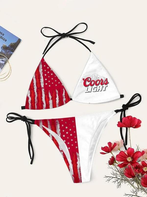 [Made-to-Order] Coors Light American Flag Drinking Triangle Bikini Set - Retro Swim Bra & Tie Side Swim Thong, Bathing Suits