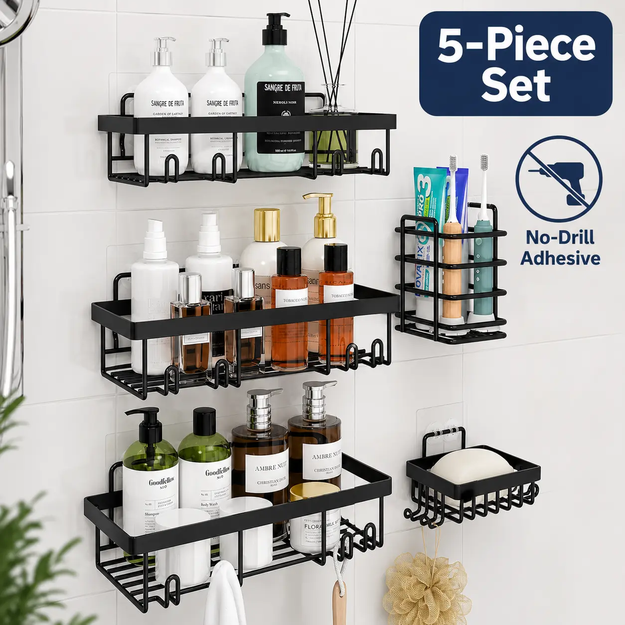 5-Piece No Drill Shower Caddy Organizer Set, Self Adhesive Stainless Steel Bathroom Shelf Rack with Soap Holder, Toothbrush Toothpaste Storage and Hanging Hooks, Rustproof Waterproof Wall Mount Shower Storage for Shampoo, Body Wash, Kitchen Bathroom