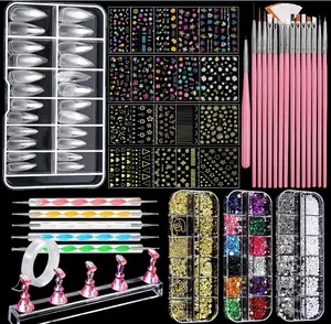FANDAMEI Nail Art Brushes, Nail Art Kit with Nail Art Brush, Dotting Tools, Nail Rhinestones Pearls, Nail Charms and Gems, Nail Stickers for Women Decals, Nail Stand for Press on, Nail Design Kits
