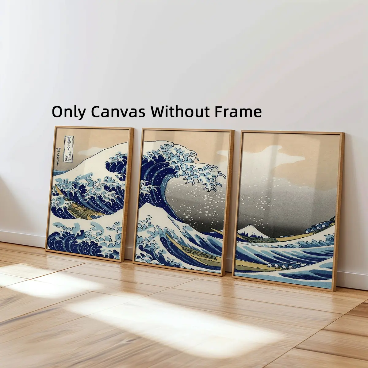 3Pcs/Set Optional Frame The Great Wave Ukiyoe Japanese Paint Canvas Poster, Japanese Wall Art, Wooden Wall Art, Aesthetic Room Decor, Vintage Decor, Artwork Wall Painting For Gift, Wall Picture For Living Room, Bedroom, Office And Home Decoration