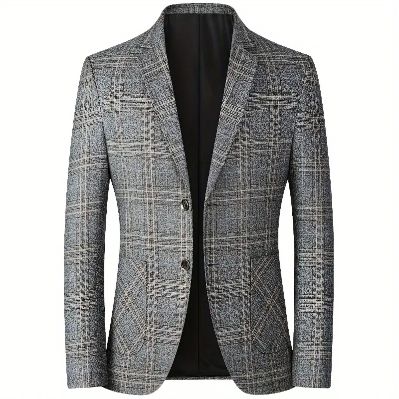 Men's Loose-Fitting Blazer Coats, Checked Menswear Button-Up Longsleeve Jacket with a Collared Neck, Plaid, Longsleeves, Checked Pattern Men's Suits Jackets