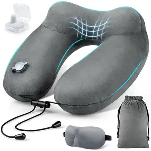Inflatable Travel Neck Pillow for Airplanes, Super Soft Velvet Neck, Firmness, Blow Up Plane Pillow for Long Flights, Road Trips, Travel with Eye Mask, Earplug