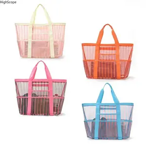 Striped Mesh Tote Bag for Women - Large Capacity, Lightweight Beach Vacation Handbag with Multi-Pocket Storage for Pool & Summer Travel, Slip On