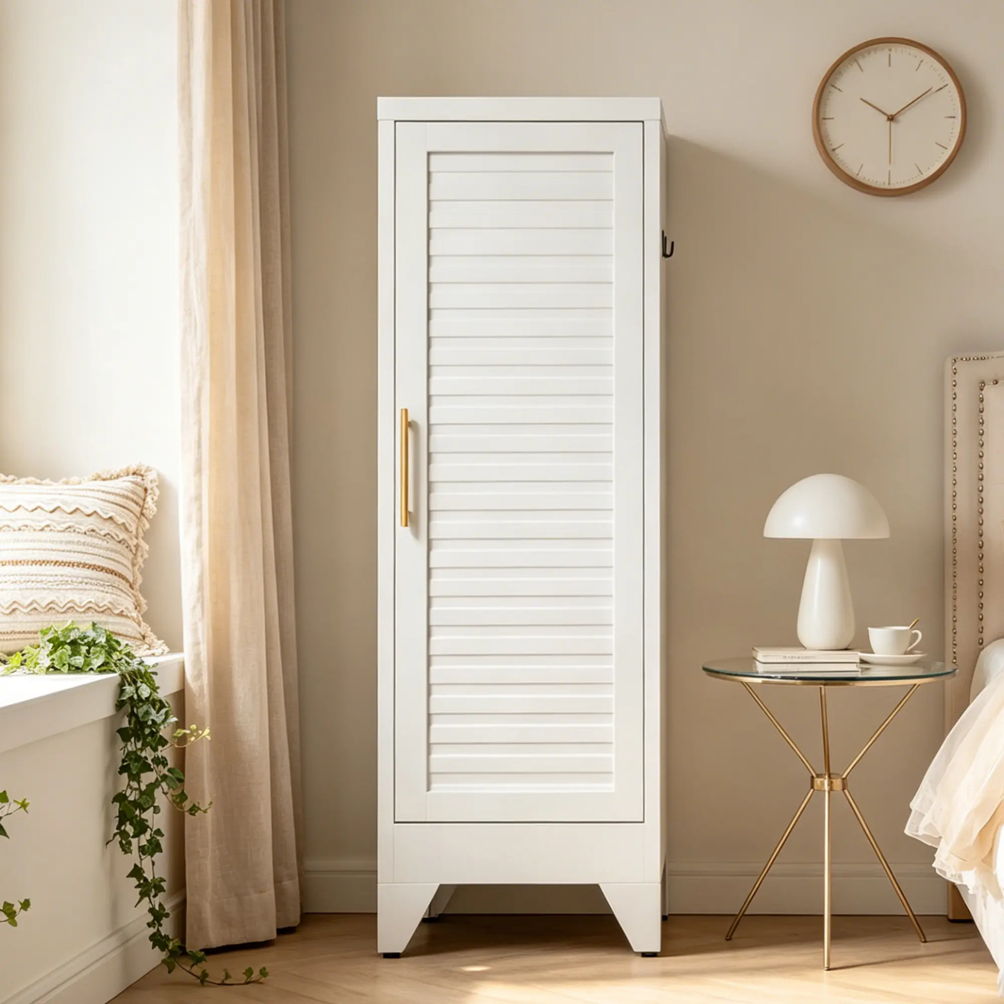 47.2" Freestanding Single Door Wardrobe Armoire | White Louvered Metal Closet with Hanging Rod | Anti-Rust Narrow Storage Cabinet for Bedroom, Nursery & Living Room