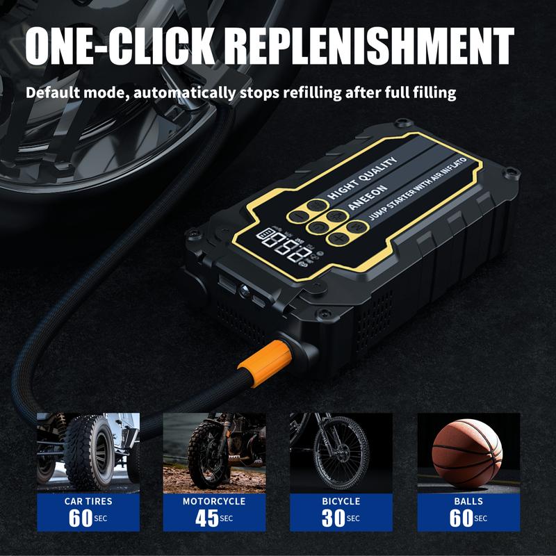 Portable Car Jump Starter (6400mAh / 8000mAh) with Air Compressor, Fast USB Charging and Multiple Safety Protections, Includes Jumper Cables, Car Tool Kit