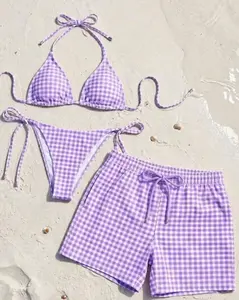 [MATCHING SWIMWEAR SET - SUPER HOT] A checkered swimsuit set, purple striped bikini and swim bottoms, a memorable gift for your vacation.