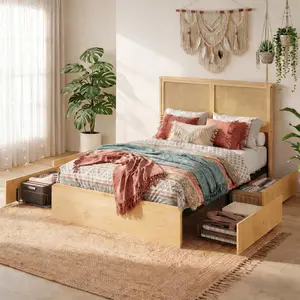 Rattan Full Bed Frame with 4 Storage Drawer, LED Lights & Natural Rattan Headboard, Wood Full Size Bed Frame with Solid Wood Foundation, No Box Spring Needed, Natural