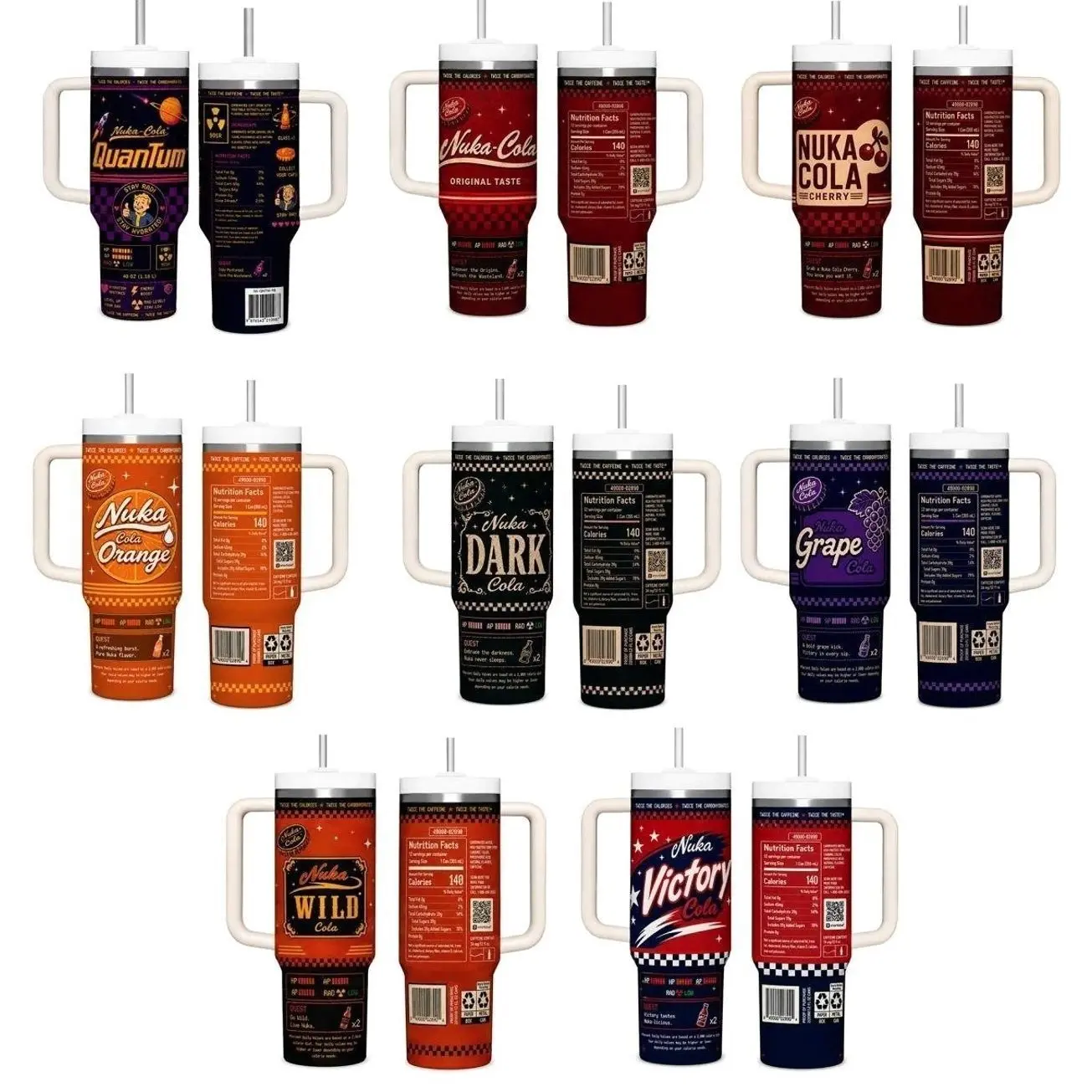 Fallout Nuka-Cola Flavor Collection 40oz Insulated Stainless Steel Tumbler with Handle & Straw - Choose Quantum, Original, Cherry, Dark, Grape, Orange, Wild, or Victory Nutrition Facts Label Design