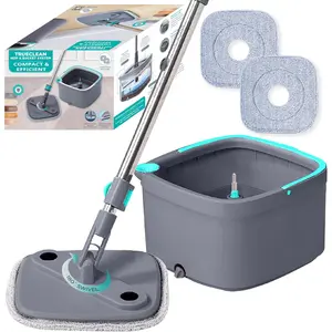Square Spin Mop  Bucket System - Dual Chamber for Clean  Dirty Water, 360? Rotating Self-Wringing Mop with Built-in Scrub Brush, Stainless Steel Handle  2  Microfiber Mop Pads