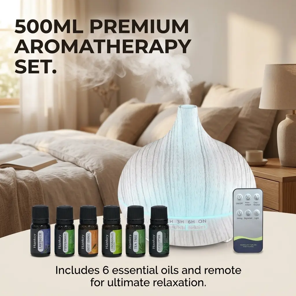 HONSUN 500ml Wood Grain Compact Aromatherapy Humidifier Diffuser - Remote Control, 6 Essential Oils, 7-Color Light, Portable USB, Auto Shutoff Protection, Built-in Cells - Suitable for Bedroom, Living Room
