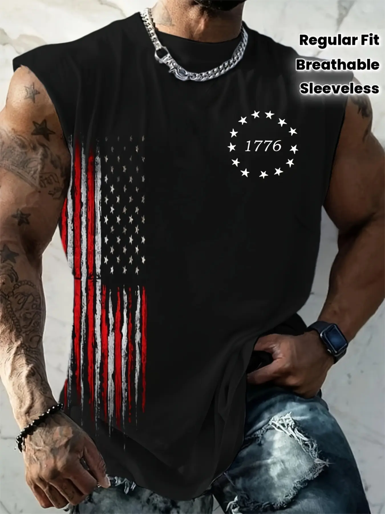 Men's Sleeveless T-Shirt, American Flag Pattern, Patriotic Clothing, Breathable Casual Sports Vest, Loose Fit, Fashion Trend, 1776 Design, Sportswear, Top