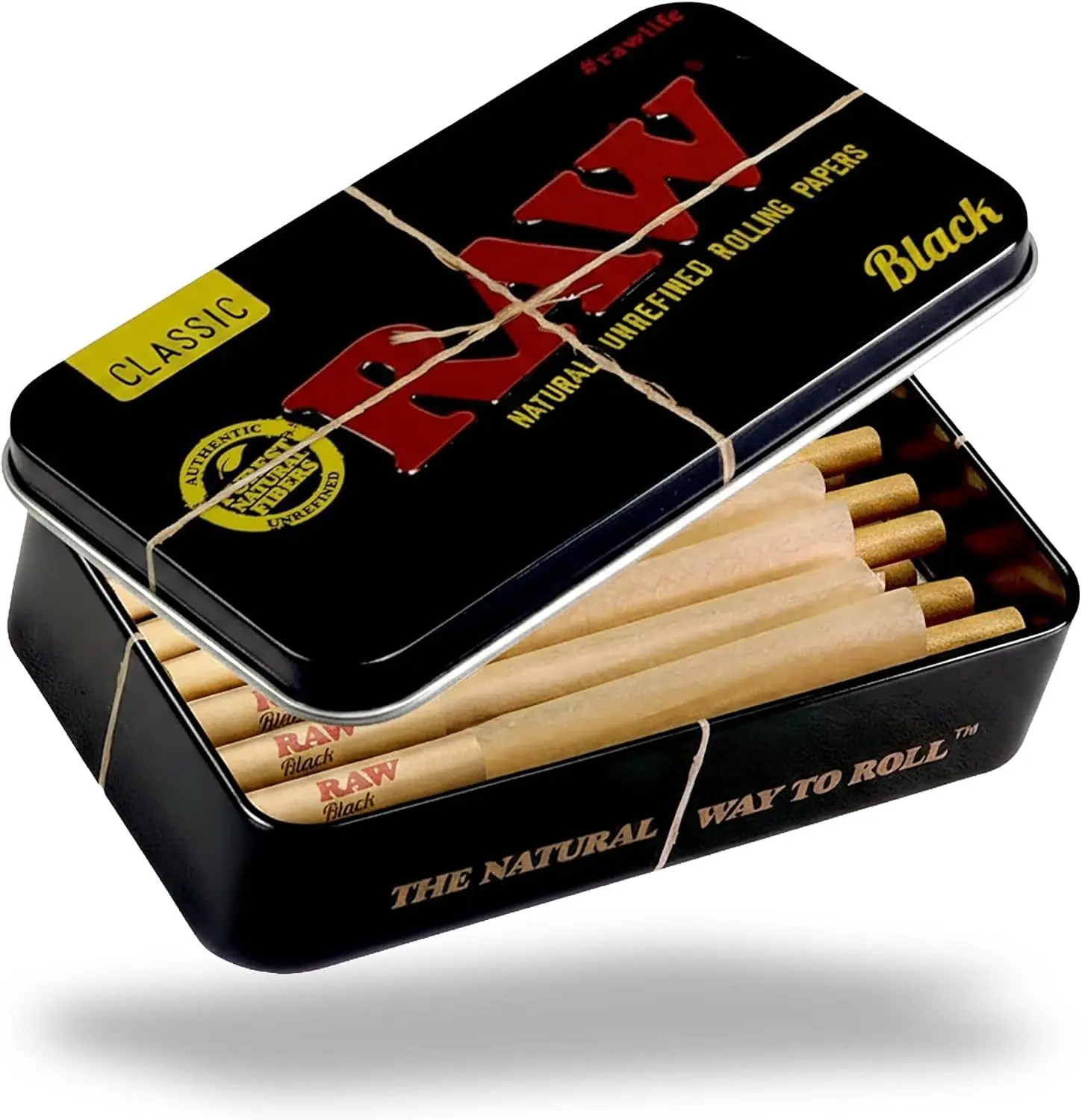 RAW Black Classic Slow Burning Pre-Rolled Cones 1-1/4 Packed Inside a RAW Metal Tin Container with Packing Tubes | 20 Pack |