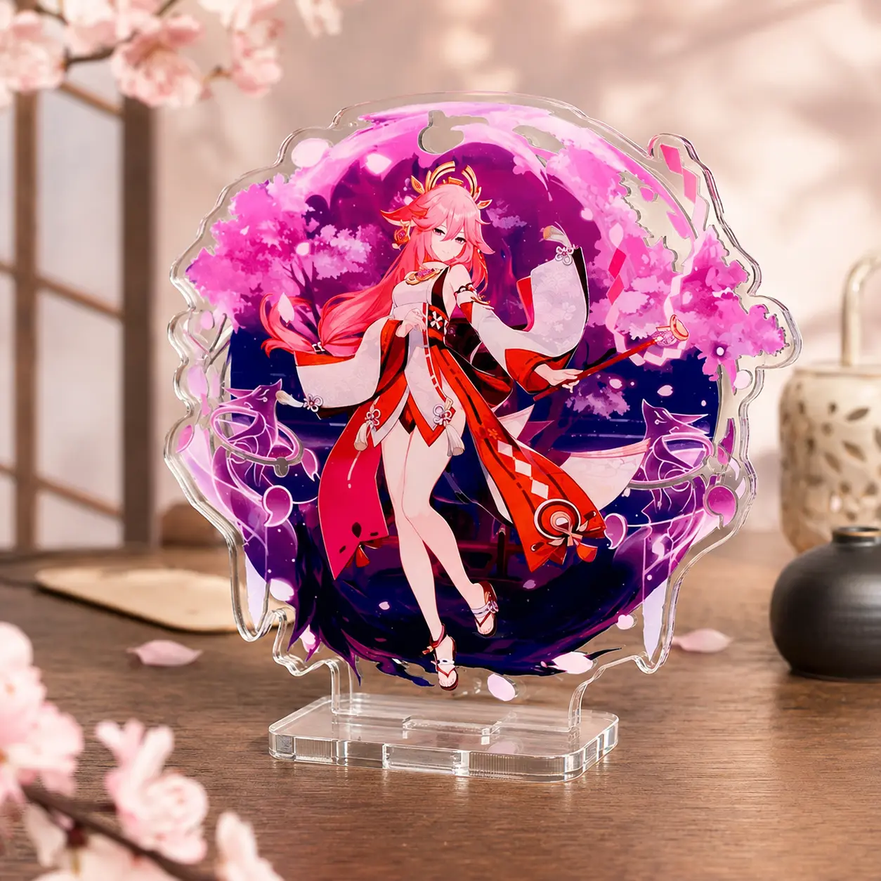 Pink Shrine Maiden Acrylic Standee, Cherry Blossom Anime Style Desk Decor, Acrylic Display Figure, Collector Gift