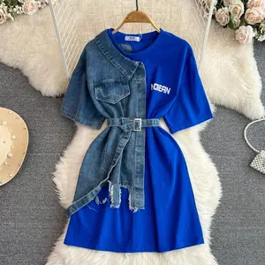 Women Casual Loose Vintage High Waist Top Belt Summer Round Neck Short Sleeved Color Block Denim Shirt New Midi T-shirts Womenswear Dress Bohemian Boho Fashion Orange