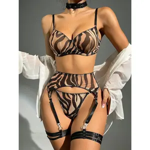 Koltailace Zebra Bra + Panty Print Mesh Lingerie Transparent Underwear Set Erotic Sexy Garter Intimates