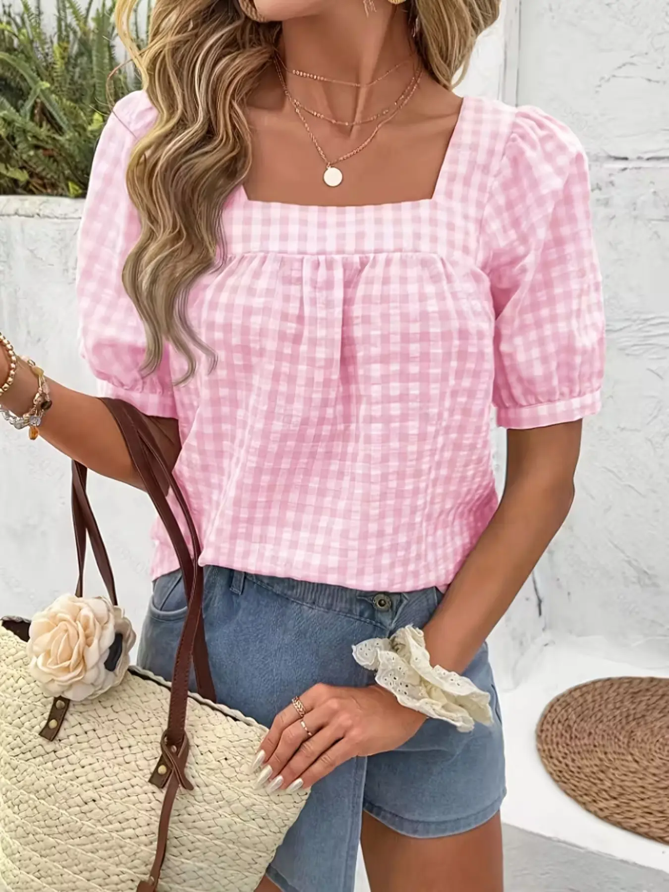 Women's Plaid Square Neck Loose Casual Short Sleeve Shirt Blouses, Cute and Soft Girl Style, Ideal for Western Festival, Sweet Dates, Afternoon Tea, Summer Travel, Top, Loose Fit