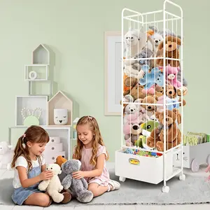 Tall Metal Stuffed Animal Storage Zoo, Plush Toy Organizer with Fabric Drawer & Wheels – Holds 20+ Stuffed Animals, Vertical Plush Cage with Elastic Bands for Nursery, Playroom, Corner.