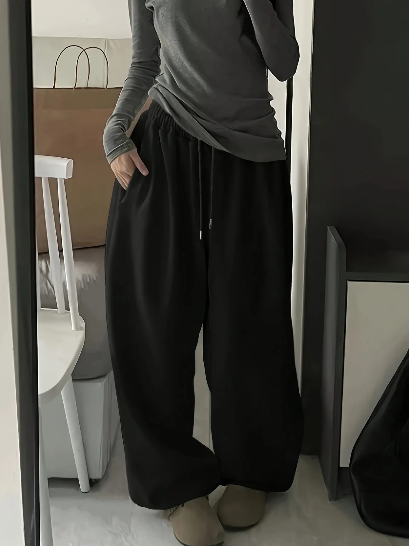 "Black Oversized" Wide Leg Knit Soft Sweatpants Bottoms - Women's Casual Baggy Lounge Pants Trouser Womenswear Basic, Basic Trousers, Casual Style Bottoms