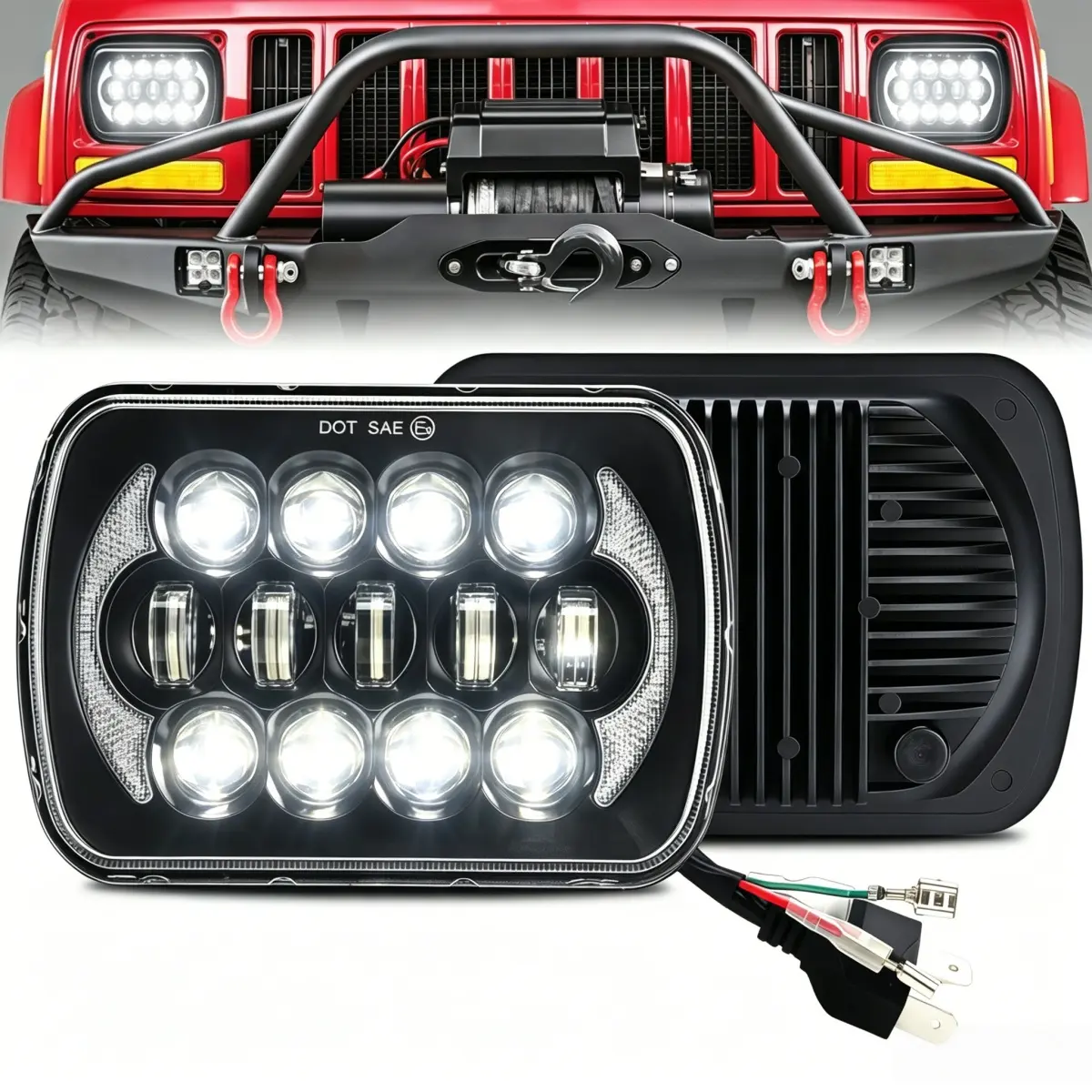 Pair 120W H6054 5x7 7x6 inch LED Headlights for Jeep Cherokee XJ Wrangler YJ DOT DRL Turn Signal Hi/Low Sealed Beam, Universal for Ford Chevy GMC Toyota Nissan Dodge etc Black