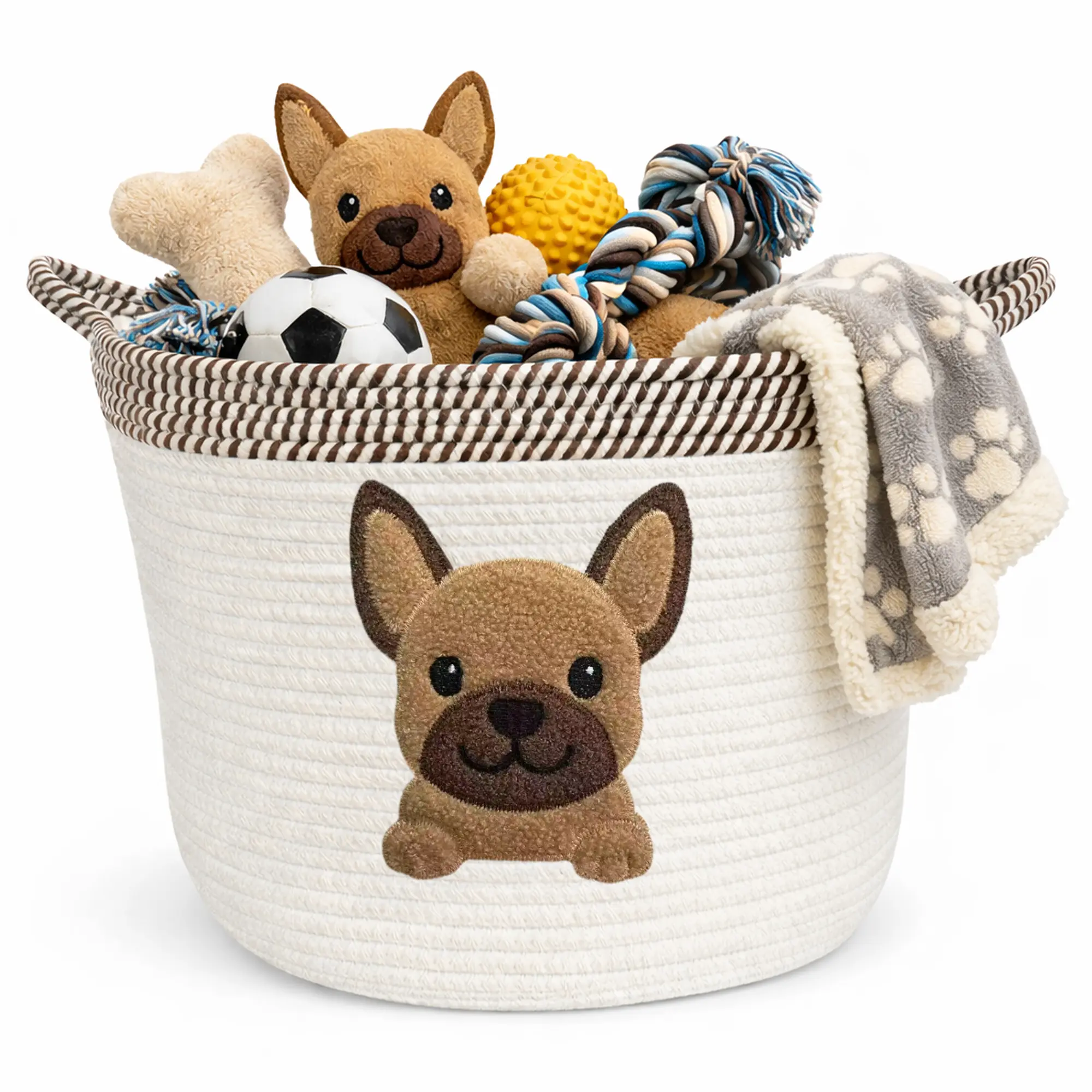 Dog Breed Toy Basket, Golden Retriever Labrador French Bulldog Pug Boston Terrier Styles, 15x11 Cotton Rope Storage Bin with Handles, Textured Breed Patch, Pet Toy Organizer, Machine Washable, Dog Mom Gift, New Puppy Starter Kit Basket