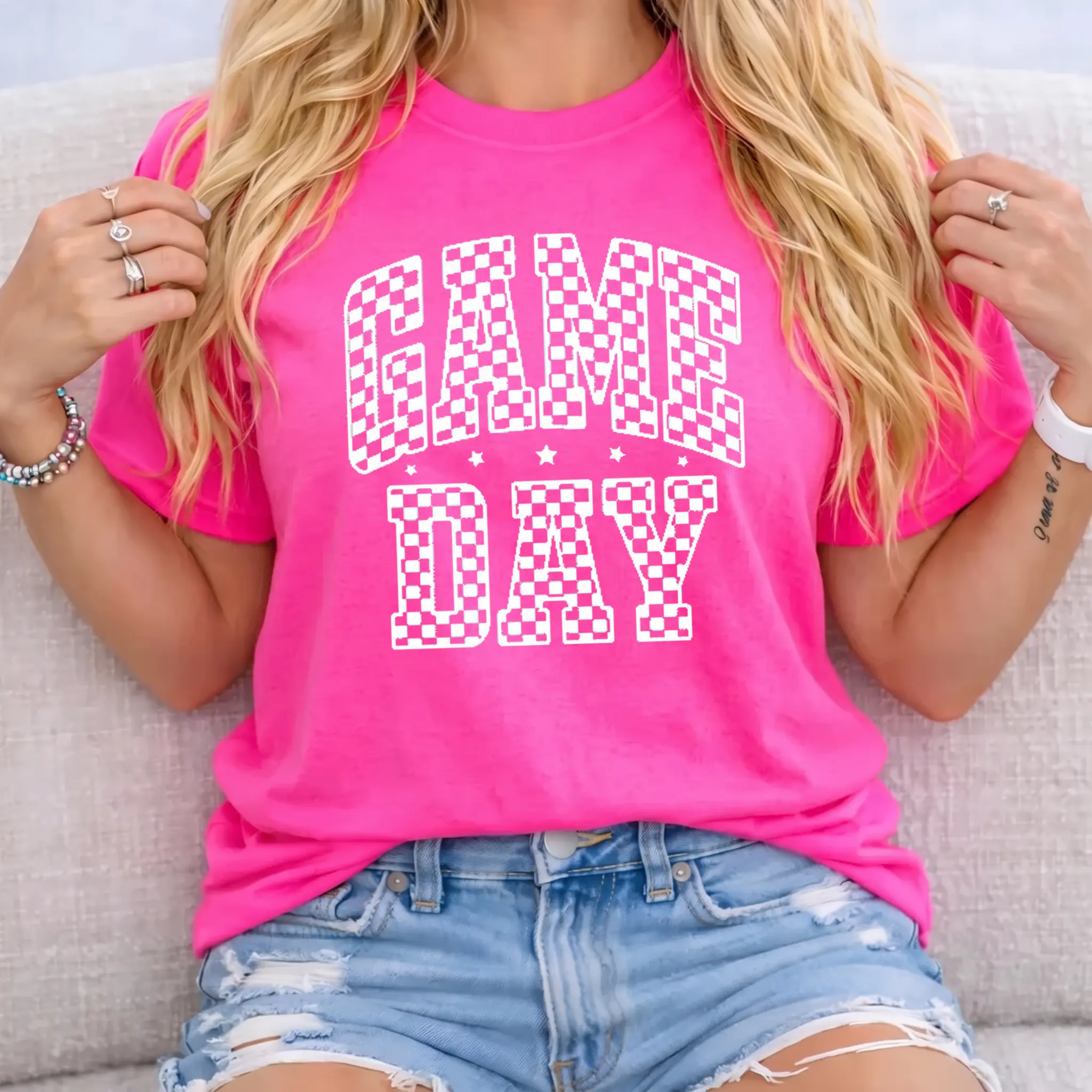 Women's Preppy Game Day Shirt, Comfort Colors, Checked Football Mom Shirt, Baseball Mom Shirt, Fall Apparel, Women's Sport Shirt, College Crew Neck Sweatshirt, Graphic Tee, Cute Oversized Shirt