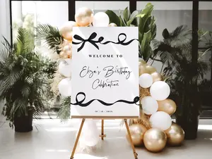 Modern Bow Welcome Sign Party Decoration, Black Ribbon Welcome Poster Coquette Black Bow Entrance Sign Trendy Sign Poster Template Editable