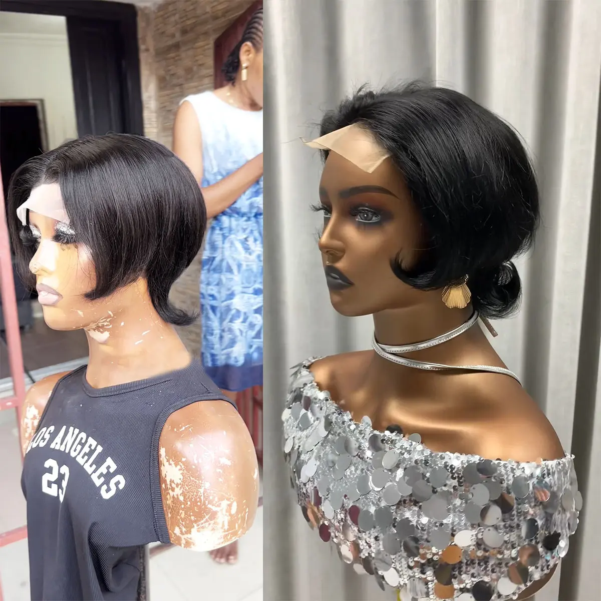 ShowRealHair 4x4 Lace Closure Wigs 8 Inch Bob Wigs for Black Women 4x4 Lce Wig with Wolf Tail Coiffure Pixie Cut Wigs 80s Mullet Pixie Wig Wolf Cut Wigs for Women Daily Party Cosplay 180% Density