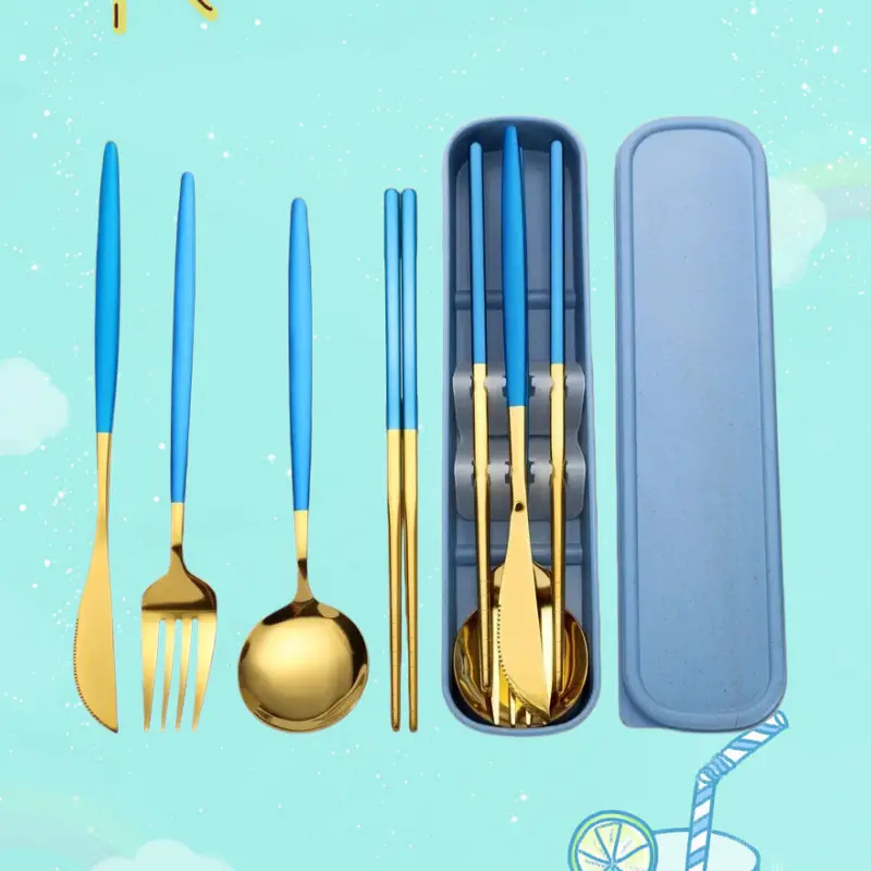 4 Pcs Portable Stainless Steel Tableware Set, Dishwasher Reusable Flatware Cutlery Set, Include Fork Spoon Chopsticks with box (Golden pink)