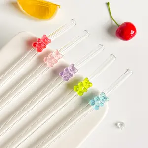 Cute Bear-Shaped Glass Straws, Durable Reusable Drinking Straws with Brush, Perfect for Cold Drinks, Parties, Gifts, Glass Straw Drinkware