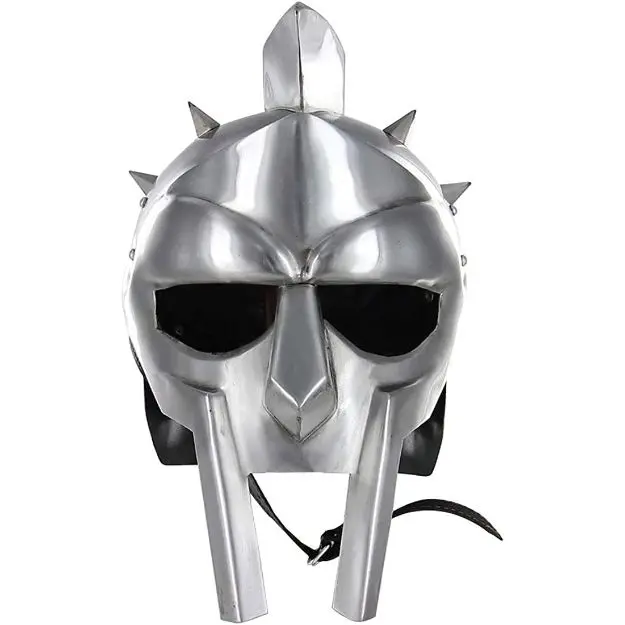 Medieval Warrior Roman Gladiator Helmet with Spikes 18 Gauge Carbon Steel Adjustable Straps for Authentic Historical Reenactments Includes Wooden Stand