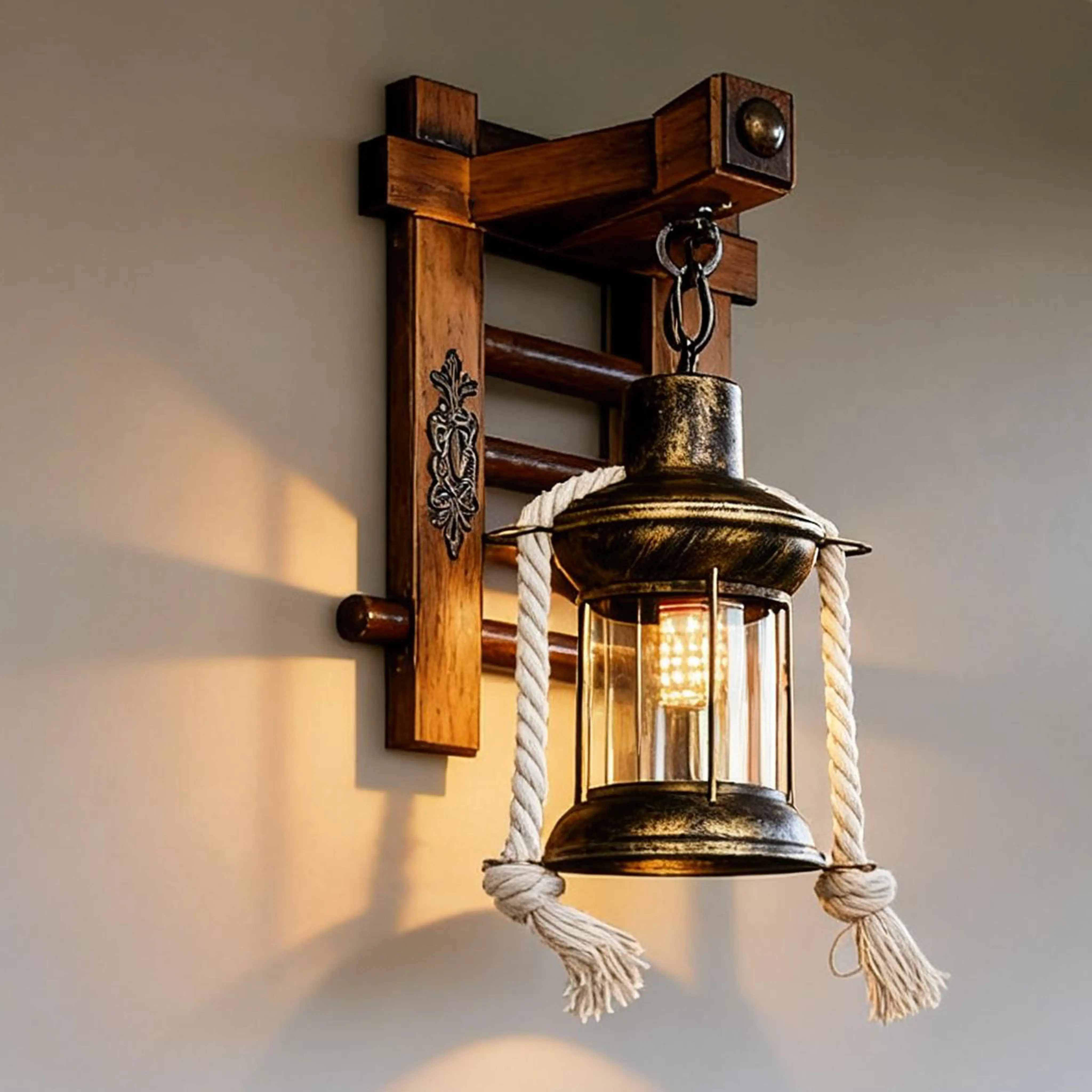 Rustic Industrial Wall Sconce, Vintage Wood and Glass Wall Light Fixture, E26 Farmhouse Wall Lamp for Living Room Bedroom Hallway