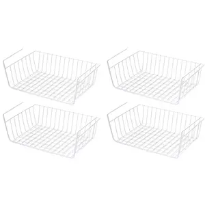Under Shelf Basket,4 Pack Wire Rack, Slides Under Shelves for Storage,Space Saving for Kitchen Counter Pantry Desk Bookshelf Cupboard, White