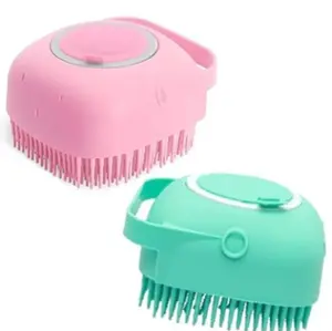 Silicone massage brush,2-in-1 Pet Bath Brush with Shampoo Dispenser, Soft Silicone Dog Wash & Cat Grooming Massage Scrubber for Shower & Deshedding, Non-Slip Handle, Easy Clean Design for Dogs, Cats & Small Pets, Blue and pink waterproof ergonomic