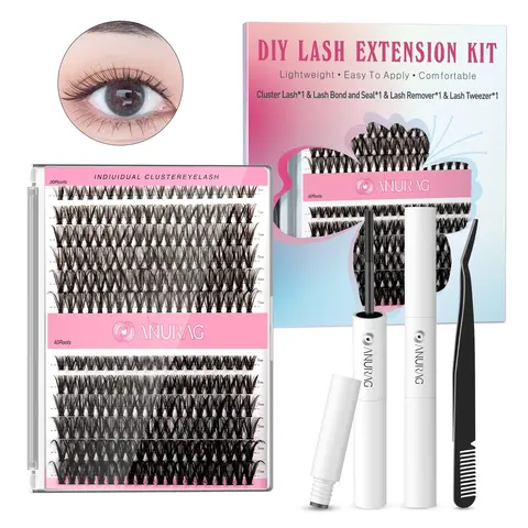 Fluffy Cluster Lashes Kit for Beginners - 240 Pieces 9-17mm Flatter Lash Set, Eyelash Tools & Accessories Bundle False Eyelashes & Adhesives, Applicator, Tweezers, Brush, Storage, Home Use Christmas Gift