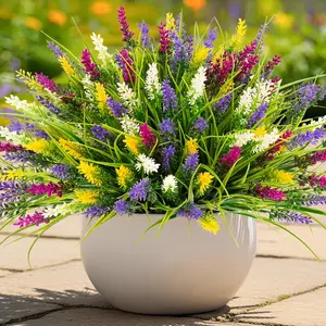 10 Bundles Artificial Plants Outdoor Fake Monkey Grass with Flowers for Pot Garden Verandah Decor Plastic Greenery for Window Office Patio Hanging Planter Pathway Front Porch
