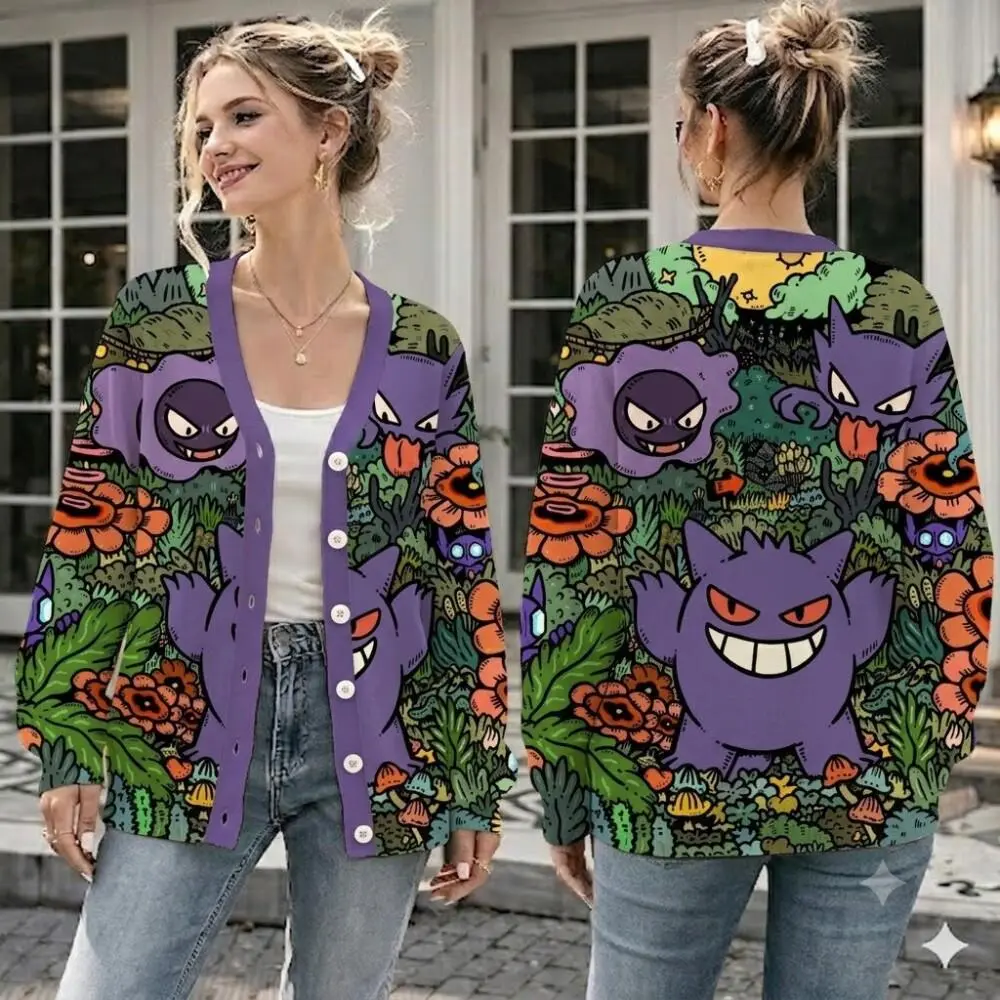 Purple Ghost Garden Halloween Cardigan – Cute Spooky Floral Graphic Button-Up Knit Sweater, Kawaii Fall Outfit Gift for Women