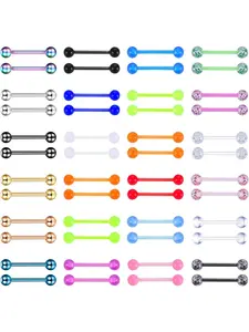 Colorful 24 Pairs Diverse Straight Tongue Bars 14G Acrylic Stainless Steel Barbell Nipple Bars for Women Men Shield Rings Retainer Glow in Dark Flexible Barbells Piercing Jewelry Set