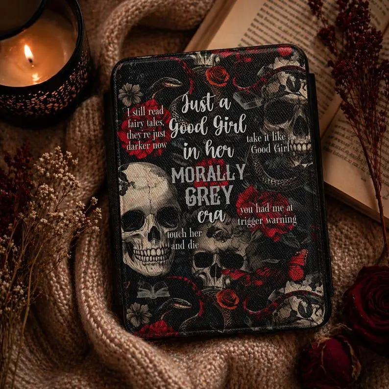Morally Grey Skull Floral Kindle Case, Dark Romance Smut Reader Cover Kindle Case With Hand Strap, Cover for Paperwhite 12th 7”, Kindle 2024, Fire 7, Kobo Clara BW Gift