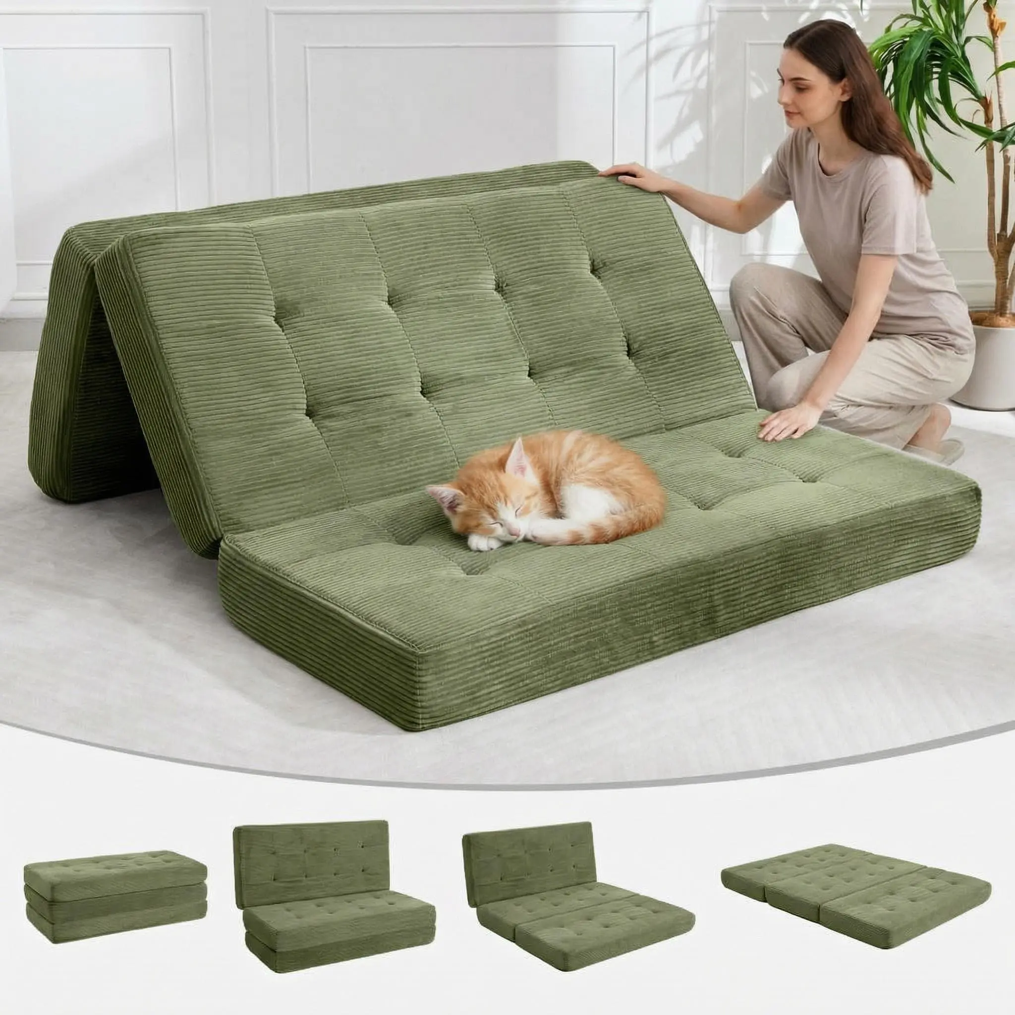 Folding Mattress, 6 Inch Tri-Foldable Sofa Bed & Floor Guest Mattress, 75"X54.3" Foam Folding Bed Tufted Corduroy for Camping/Living Room/Bedroom, Portable & Supportive, Green