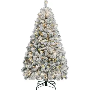 4.5ft Pre-lit Artificial Christmas Tree with Incandescent Warm White Lights, Snow Flocked Full Prelighted Xmas Tree W/340 Branch Tips, 150 Incandescent Lights & Foldable Stand, Green & White