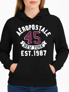 Aeropostale Hoodie Black 45 New York Est 1987 Logo Print Casual Wear Personalized Unisex Women Winter Cozy Fleece Hooded Long Sleeve Suitable For All Outfits Made In Usa