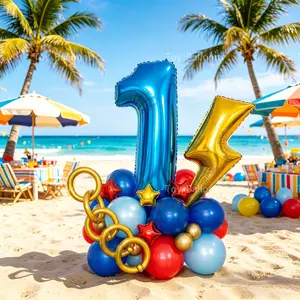 45-Piece Superhero Lightning Number Balloons Set, Blue Numbers, Gold Lightning, /gold Stars, Perfect for Parties, Birthdays, Events