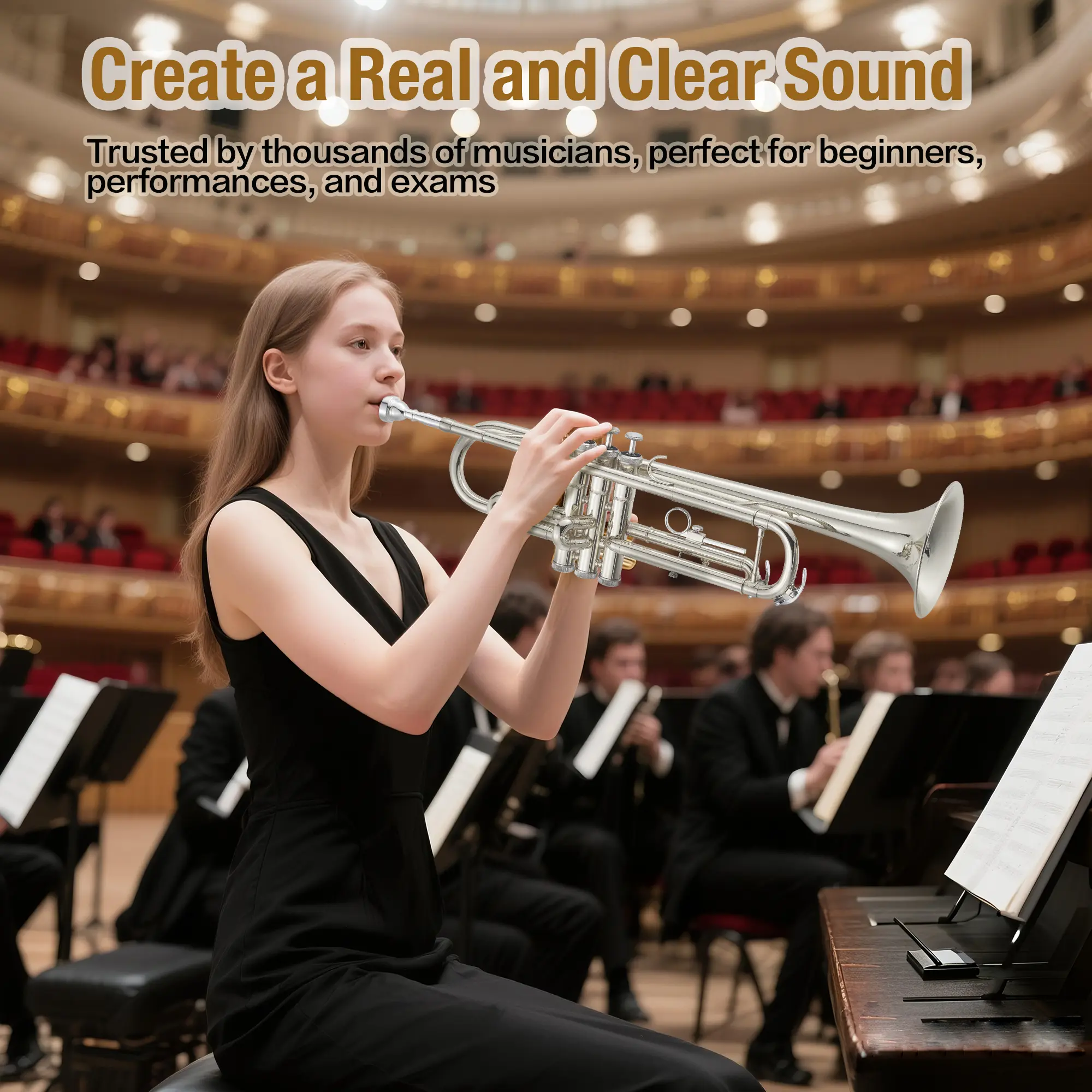 Beginner B Flat Trumpet – Nickel-Plated Brass Instrument with Mouthpiece, Case, Cleaning Cloth, Gloves & Cleaning Rod – Professional Standard for School Band & Practice