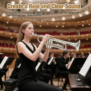 Beginner B Flat Trumpet – Nickel-Plated Brass Instrument with Mouthpiece, Case, Cleaning Cloth, Gloves & Cleaning Rod – Professional Standard for School Band & Practice