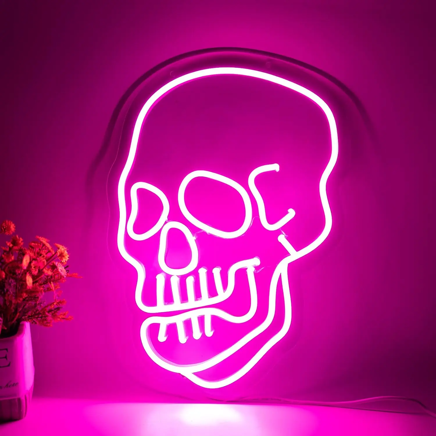 12.8 * 8.8in Skull Neon Sign Hot Pink Skeleton Ghost LED Light for Bedroom Mancave Bar Shop Party Wall Art Decorations