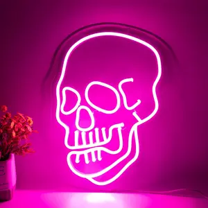 12.8 * 8.8in Skull Neon Sign Hot Pink Skeleton Ghost LED Light for Bedroom Mancave Bar Shop Party Wall Art Decorations