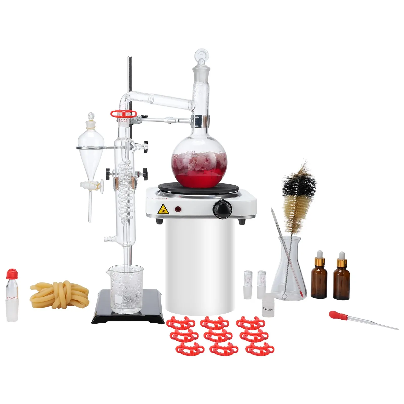 【Summerfinds】VEVOR Essential Oil Extraction Kit, 500ml 33-Piece High-Temp Glass Distillation Equipment, 3.3 Boro Lab Glassware Apparatus, 1000W Heating Plate, 24-40 Joint, 26 x 10.24 x 8.46 Inch High-Efficiency Hand Tool Kit